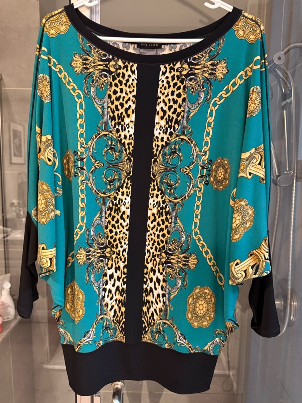 Eva Varro Teal, Black & Gold Baroque Leopard Dolman Top